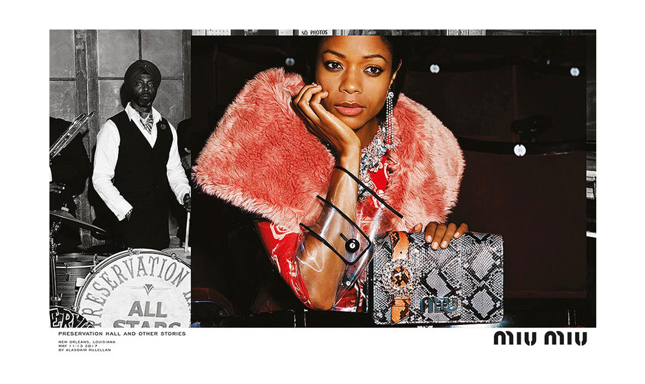 <h2><span class="enSerif ArticleBTitle">MIU MIU F/W 2017 Advertising Campaign “Preservation Hall and Other Stories’”
</span><br>
<span class="jpArticleBTitle">華やかなコントラストが生み出す豪華絢爛なムード</span></h2>